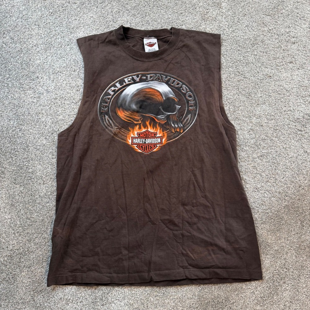 Harley Davidson Mens Brown Sleeveless Muscle Tee Skull Eagle 2007 Lafayette IN L